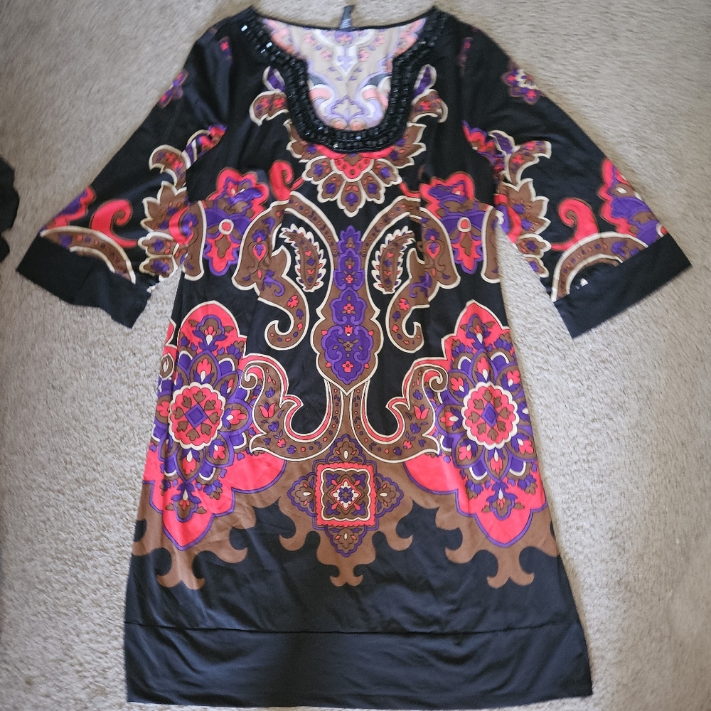 INC International Concepts Black and Purple Paisley Sleeve Dress 1X Plus Size